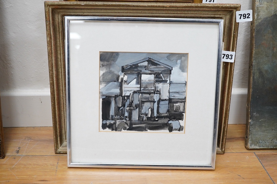 Ned Hoskins (b.1939), ink wash drawing, Beach Hut called Sandy, 16.5 x 17.5cm. Condition - good